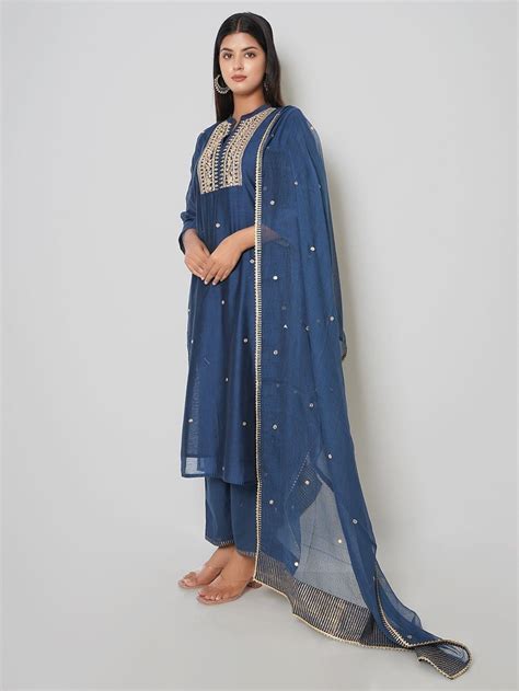 Buy Blue Embroidered Chanderi Kurta with Cotton Pants and Kota Doria ...