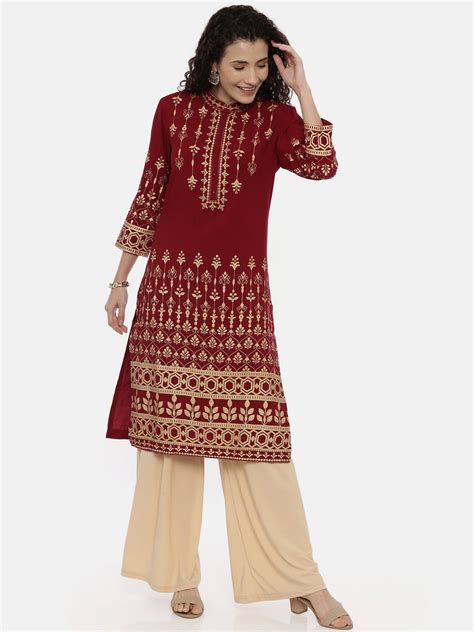 Neerus Maroon Ethnic Printed Rayon Straight Kurti for Casual Daily Wear ...