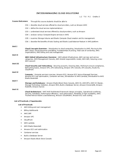 Course Syllabus - INT330:MANAGING CLOUD SOLUTIONS Course Outcomes: CO1 ...