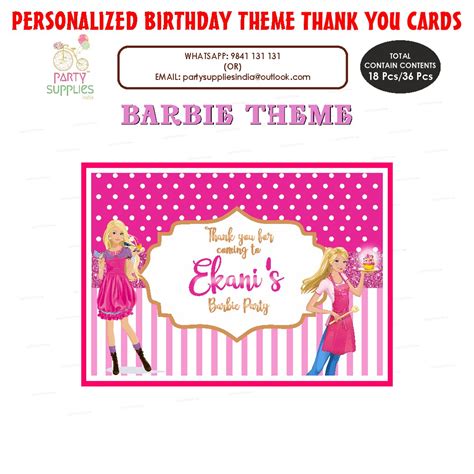 Barbie Theme Thank You Card | Customized party supplies Online – Party ...