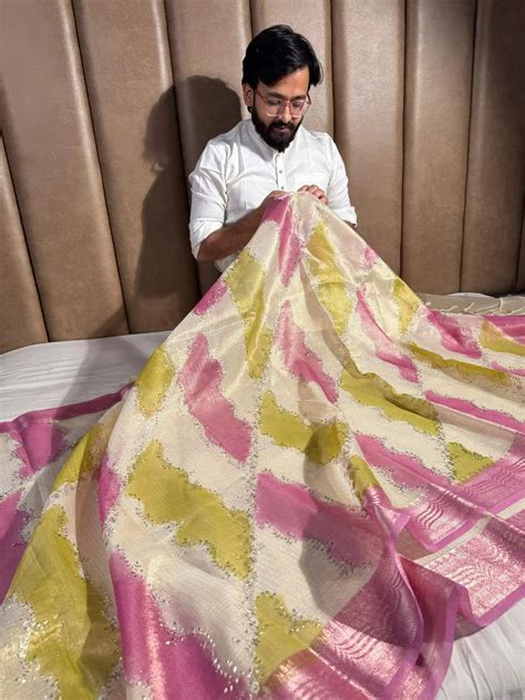 Kota Tissue Saree with Handbrush Paints and Zari Chikankari Work ...