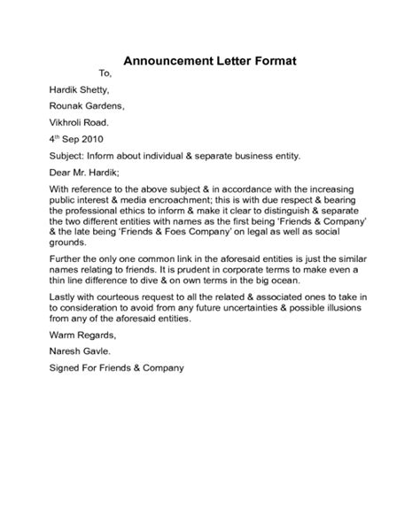 Image result for Announcement Letter Example