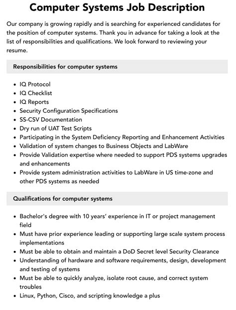 Image result for Computer Systems Job Description
