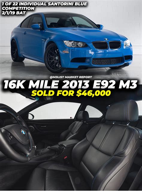 16k mile Santorini Blue E92 M3 sells for $46,000 in 2019!