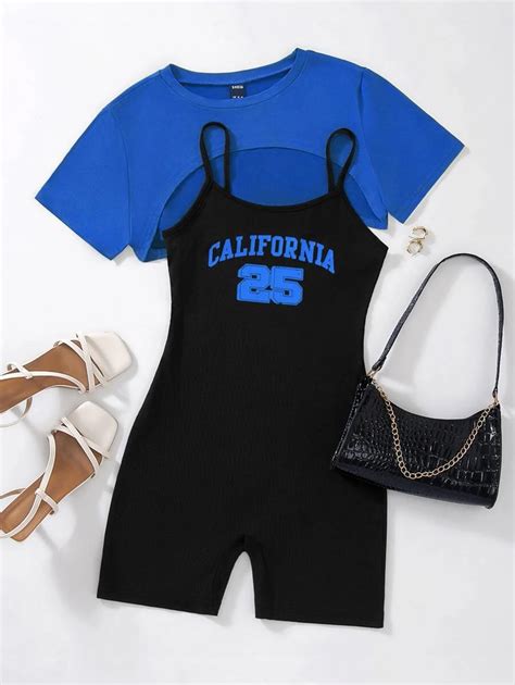 Flirla High Low Hem Crop Top & Letter Graphic Cami Romper | SHEIN USA