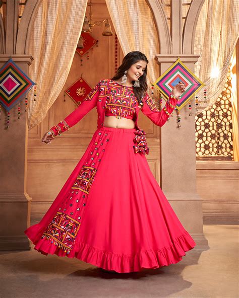 Rani Pink Color Viscose Rayon Threaded Fully Stitched Navratri Lehenga ...