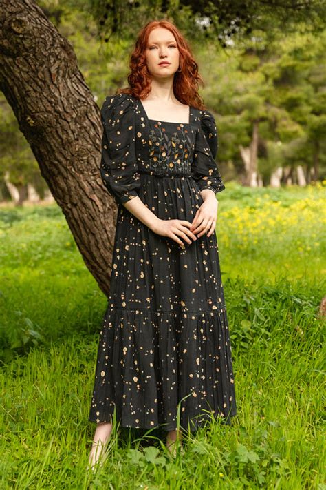 Charcoal cotton georgette printed and embroidered dress