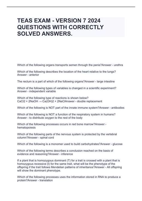 TEAS EXAM - VERSION 7 2024 QUESTIONS WITH CORRECTLY SOLVED ANSWERS ...