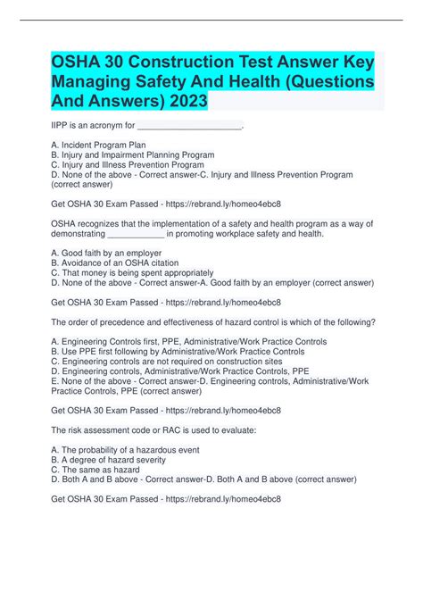 OSHA 30 Construction Test Answer Key Managing Safety And Health ...