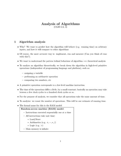 Analysis - good - Analysis of Algorithms (CLRS 2, 3) 1 Algorithm ...