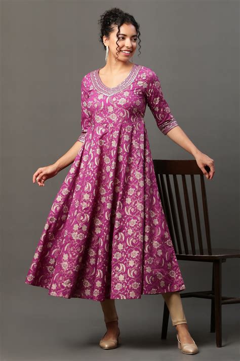 Buy Purple Floral Printed Embroidered A-line Kurta Online for Woman ...