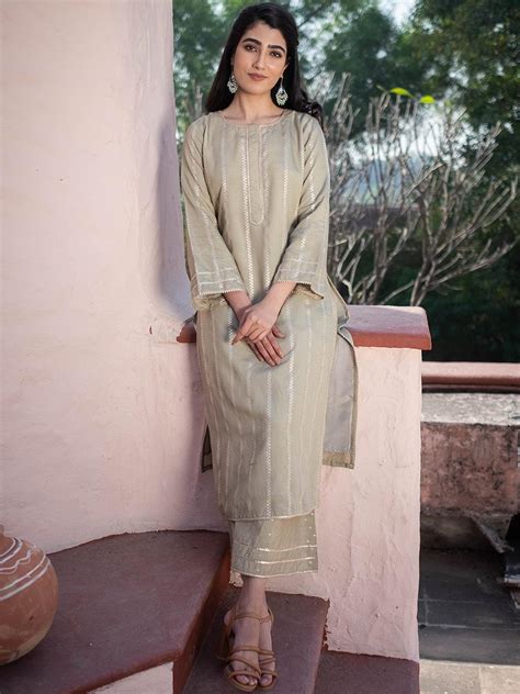 Buy Olive Self Design Chanderi Silk Straight Kurta With Palazzos Online ...