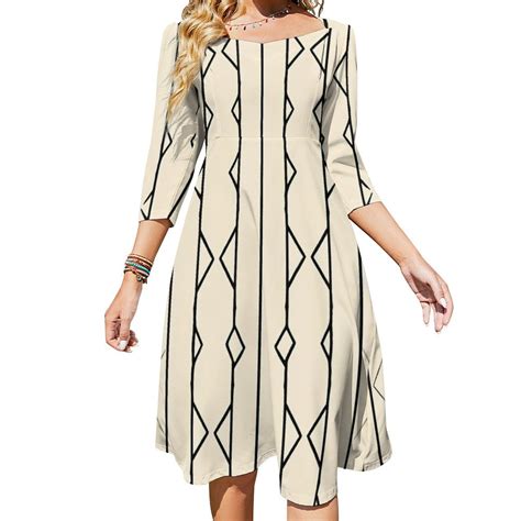 Abstract Beige Black Line Pattern Women's Fall Dresses Casual Loose ...