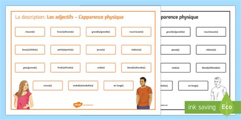 French Adjectives for Physical Description Word Mat-French