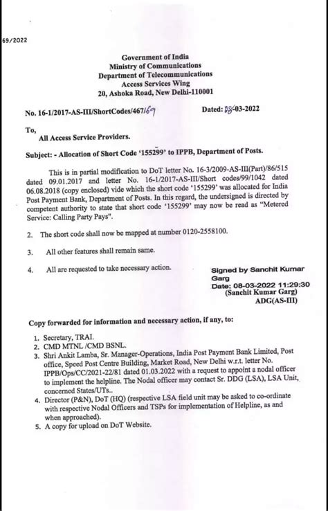Allocation of Short Code 155299 to IPPB, Department of Posts (DOP) by ...