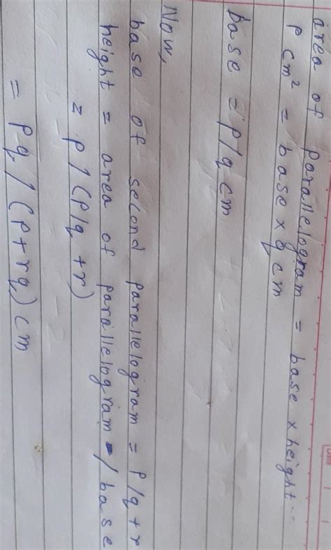 the area of a parallelogram is p centimetres square and its height is q ...