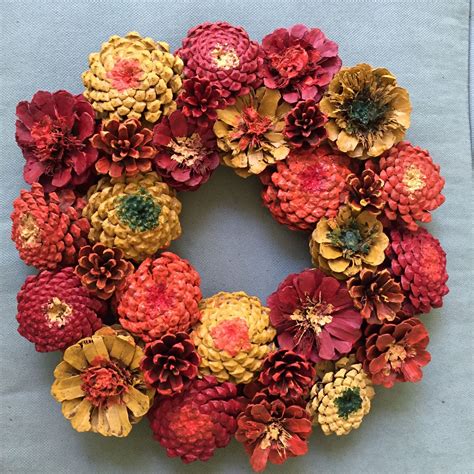 Fall Zinnia Pinecone Wreath | Wreath crafts, Pine cone crafts, Crafts