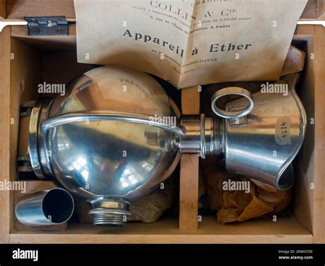 Antique Ombrédanne's anesthesia mask in wooden box showing anesthetic inhaler with tin container ...