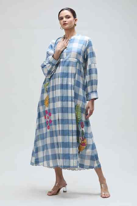 Buy Blue Muslin Embroidery Mandarin Collar Checkered Woven Midi Dress ...