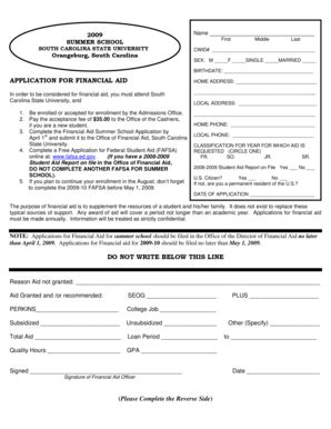 Fillable Online scsu APPLICATION FOR FINANCIAL AID DO NOT WRITE BELOW ...