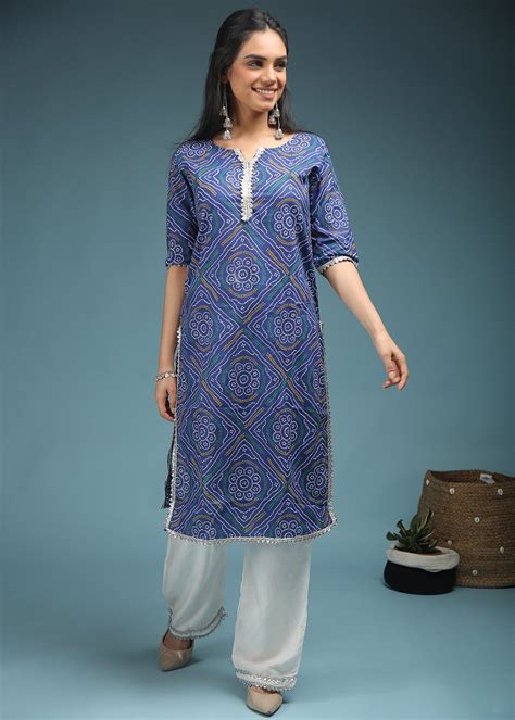 Get Gota Patti Trim Printed Blue Kurta With Contrast Palazzo Set at ...