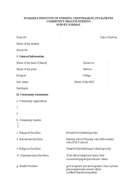 Community Health Nursing Survey Format: ST,S Institute of Nursing - Studocu