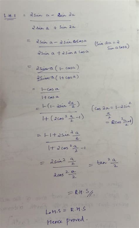 Prove that 2sina-sin2a/2sina+Sina=tan^2(a/2) - Brainly.in