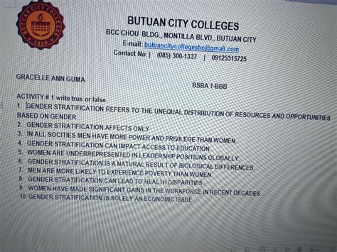 ACTIVITY #1 write true or false. GENDER STRATIFICATION REFERS TO THE UNE..