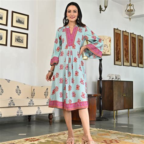 Buy Sky Blue Printed Mandarin Collar Dress | Rustorange