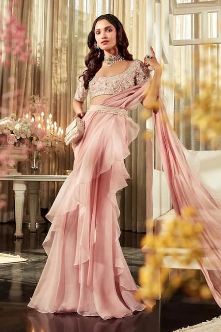 Buy Pink Organza, Blouse And Belt Net Saree Chiffon Lone Pre-draped ...