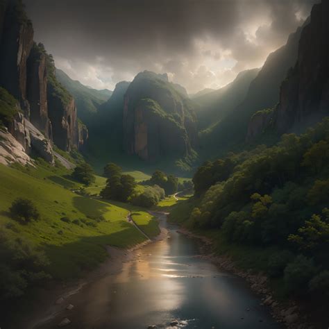 A view of a river running through a lush green valley - SeaArt AI