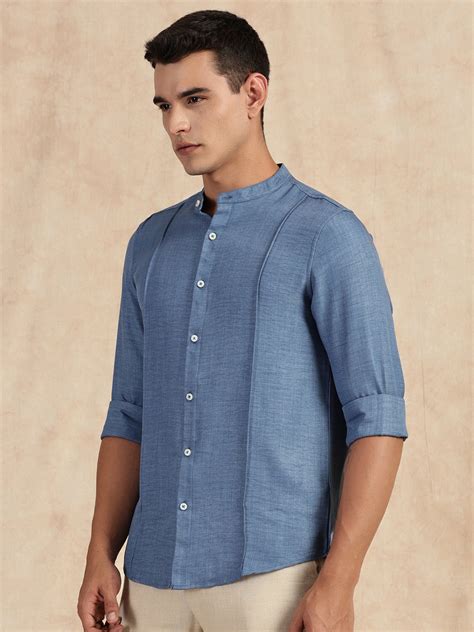 Medium Blue Slim Fit Long Sleeves Mandarin Collar Textured Casual Shirt ...