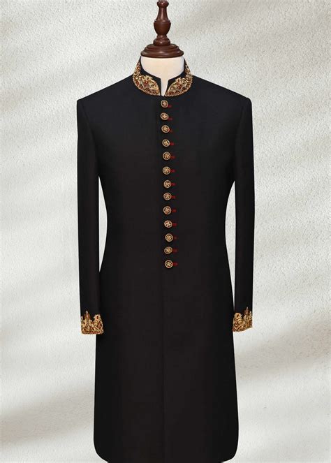 Black Wedding Sherwani with Collar and Sleeve Embroidered – Ihtifal