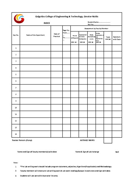 Index Practical File - Class material - Pre-Lab Writing work ...