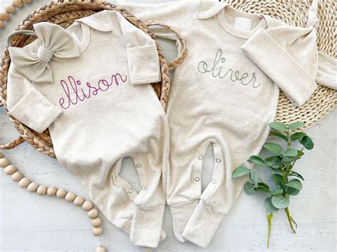 Personalized Newborn Twins Baby Outfit Matching Minimalist Stitch Gree ...