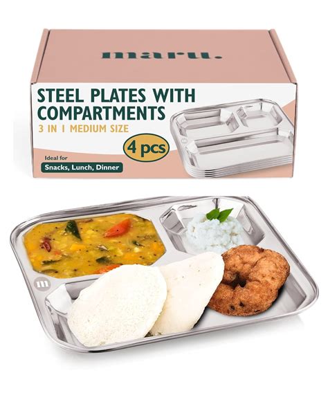 Buy Maru Small Stainless Steel Bhojan Thali Set for 4 –3-in-1 Partition ...