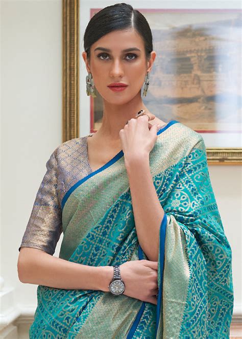 Cerulean Blue Zari Woven Patola Silk Saree - Clothsvilla