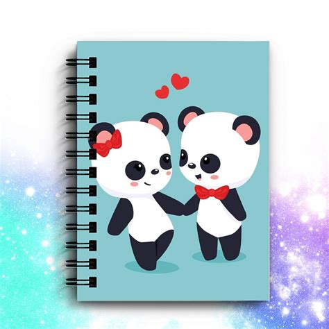 line curve export panda couple blue A5 Diary Unruled 160 Pages ...