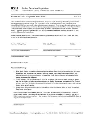 Fillable Online byui Student Waiver of Independent Status Form - byui ...