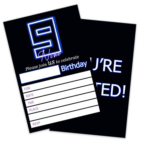 Neon 9th Birthday Invitation, Blue Neon Birthday, Nineth Birthday ...