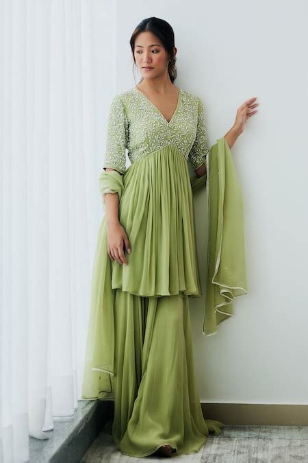Buy Green Georgette Beads, Embroidery V-neck Yoke Kurta Sharara Set For ...
