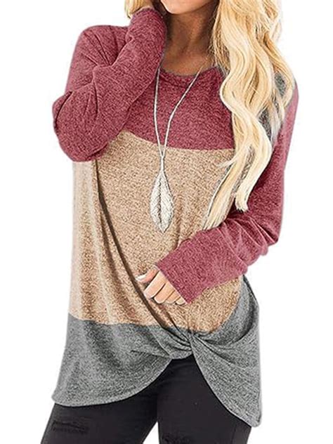 TEMOFON Women Fall Tops Long Sleeve Round Neck Color Block Tunic ...