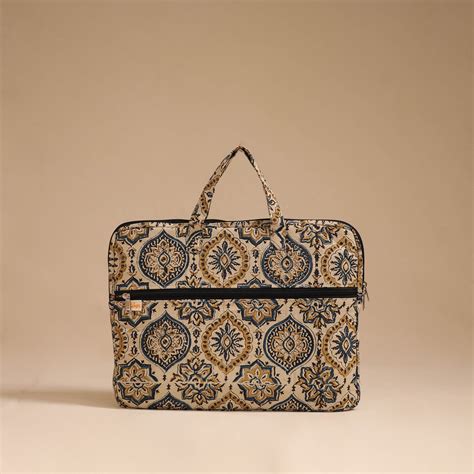Beige Handcrafted Cotton Quilted Laptop Bag