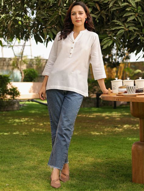 Mandarin Collar Pure Cotton Top – Rain & Rainbow