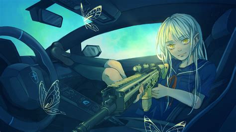 Download wallpaper 2560x1440 girl, car, weapon, butterfly, anime ...