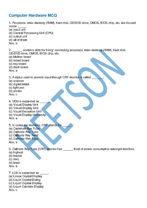 Computer Hardware MCQ - Computer Hardware MCQ Processor, main memory ...