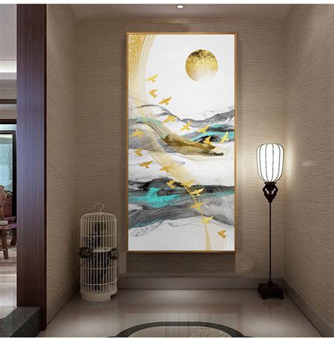 入户玄关装饰画现代简约走道挂画新中式竖版抽象酒店过道走廊墙画-美间设计