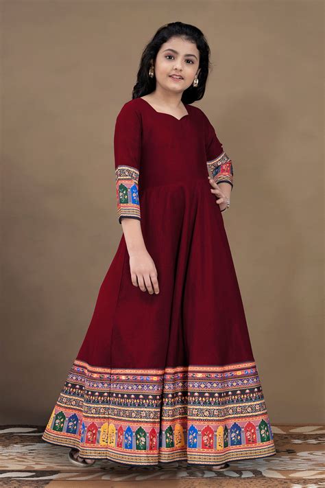Girls Maroon Crepe Silk Digital Printed Fit & Flare Maxi Length Dress