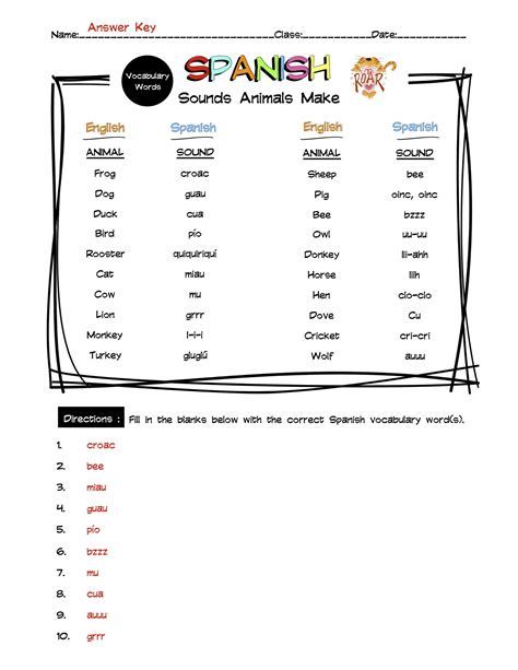 Spanish Sounds Animals Make Vocabulary Word List Worksheet & Answer Key ...