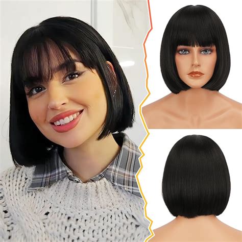 Amazon.com : BARSDAR Black Short Bob Wig With Bangs - Black Short Bob ...